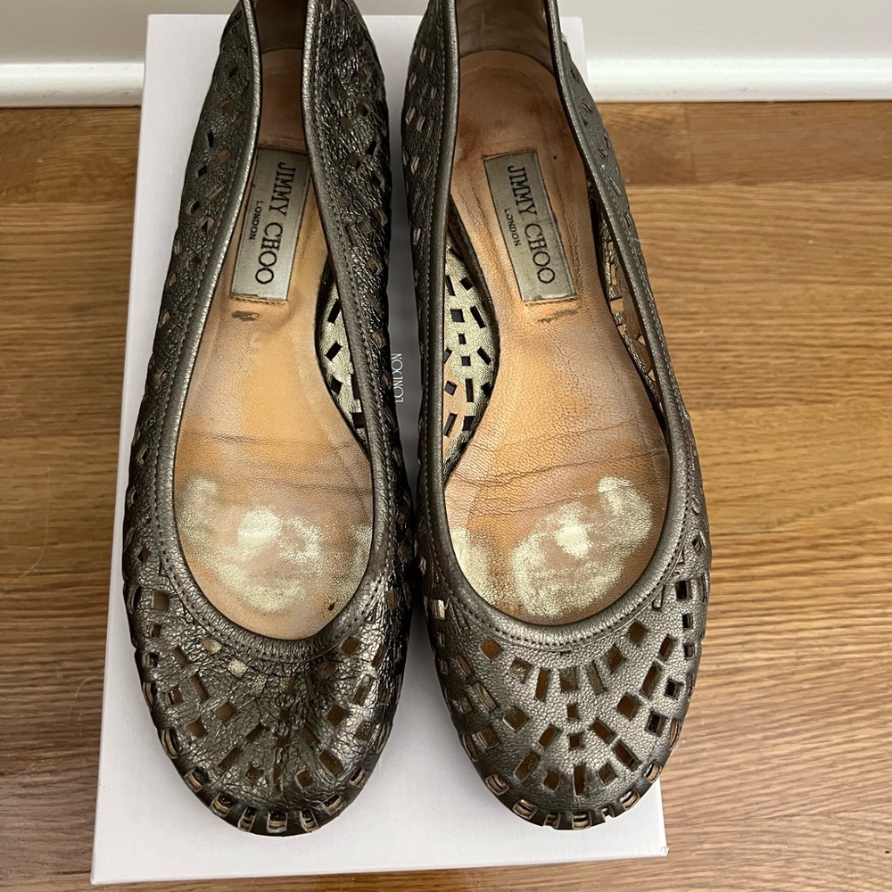 Jimmy Choo Silver Flats with Intricate Cutouts